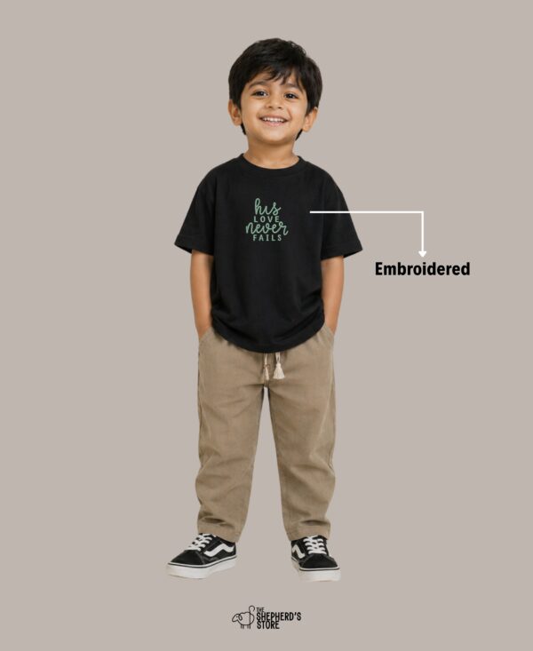 his love never fails — embroidered oversized kids t shirt