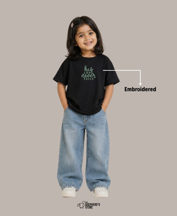 his love never fails — embroidered oversized kids t shirt