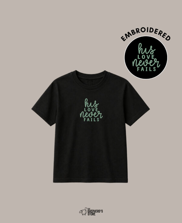 his love never fails — embroidered oversized kids t shirt