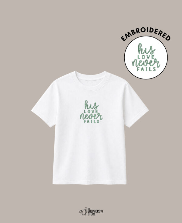 his love never fails — embroidered oversized kids t shirt