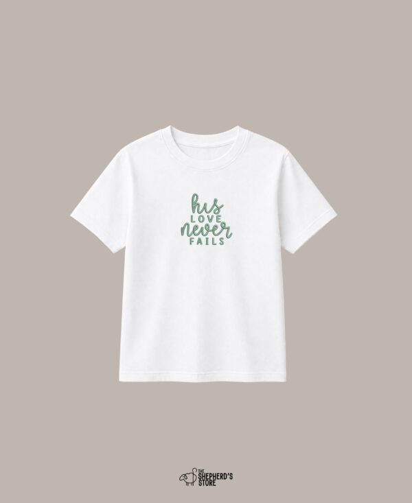his love never fails — embroidered oversized kids t shirt